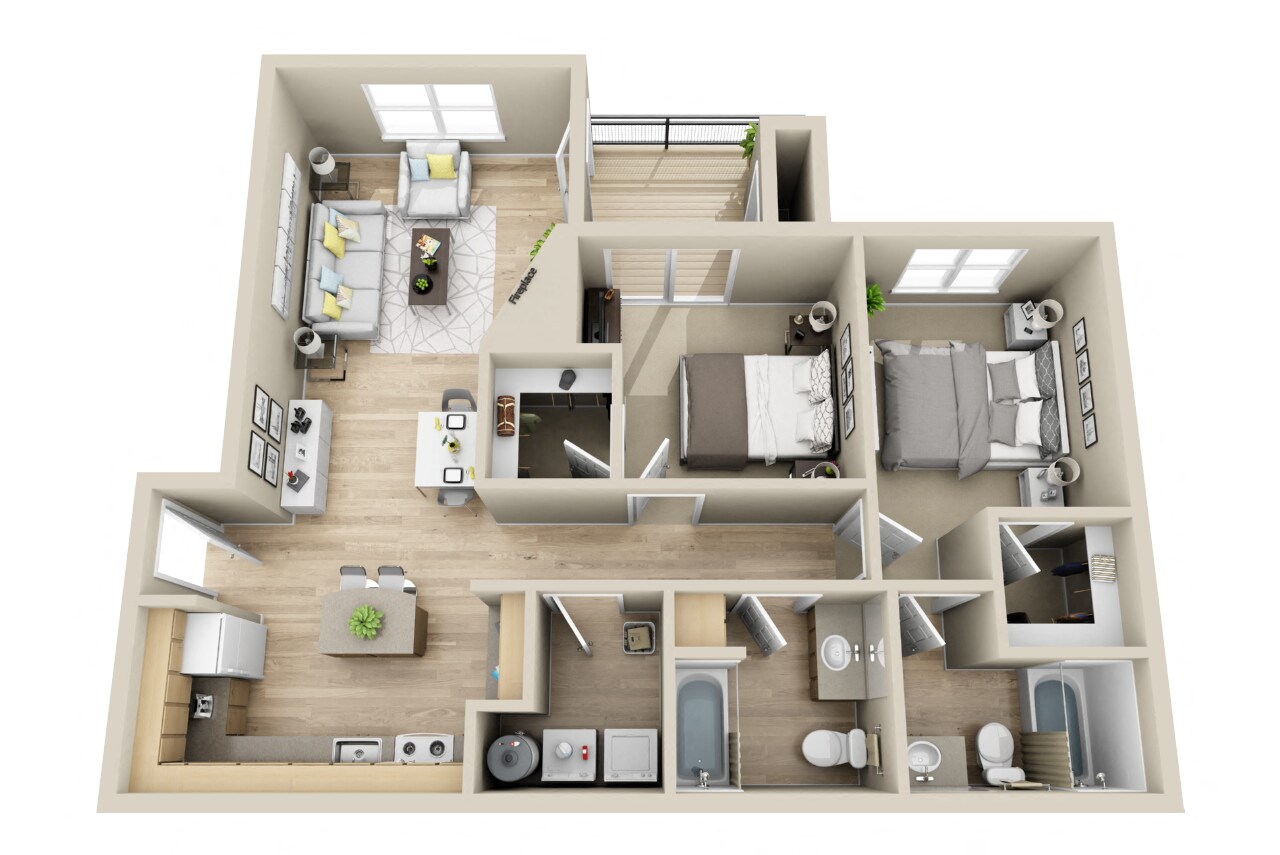 Floor plan for 2 beds, 2 baths, 1005 sqft